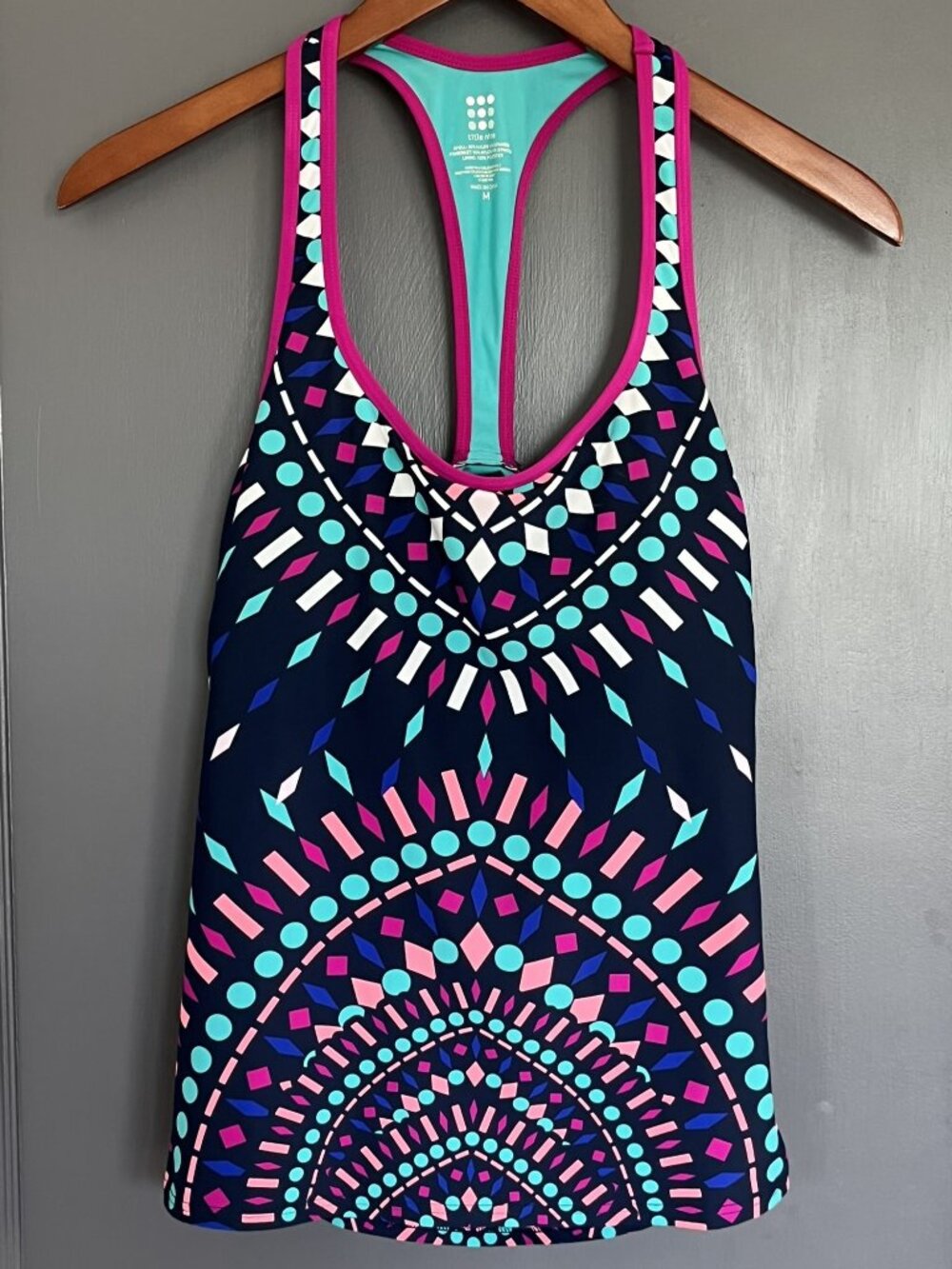 Title Nine Geometric Tankini Swim Top Size Medium M Navy Blue Pink Racerback